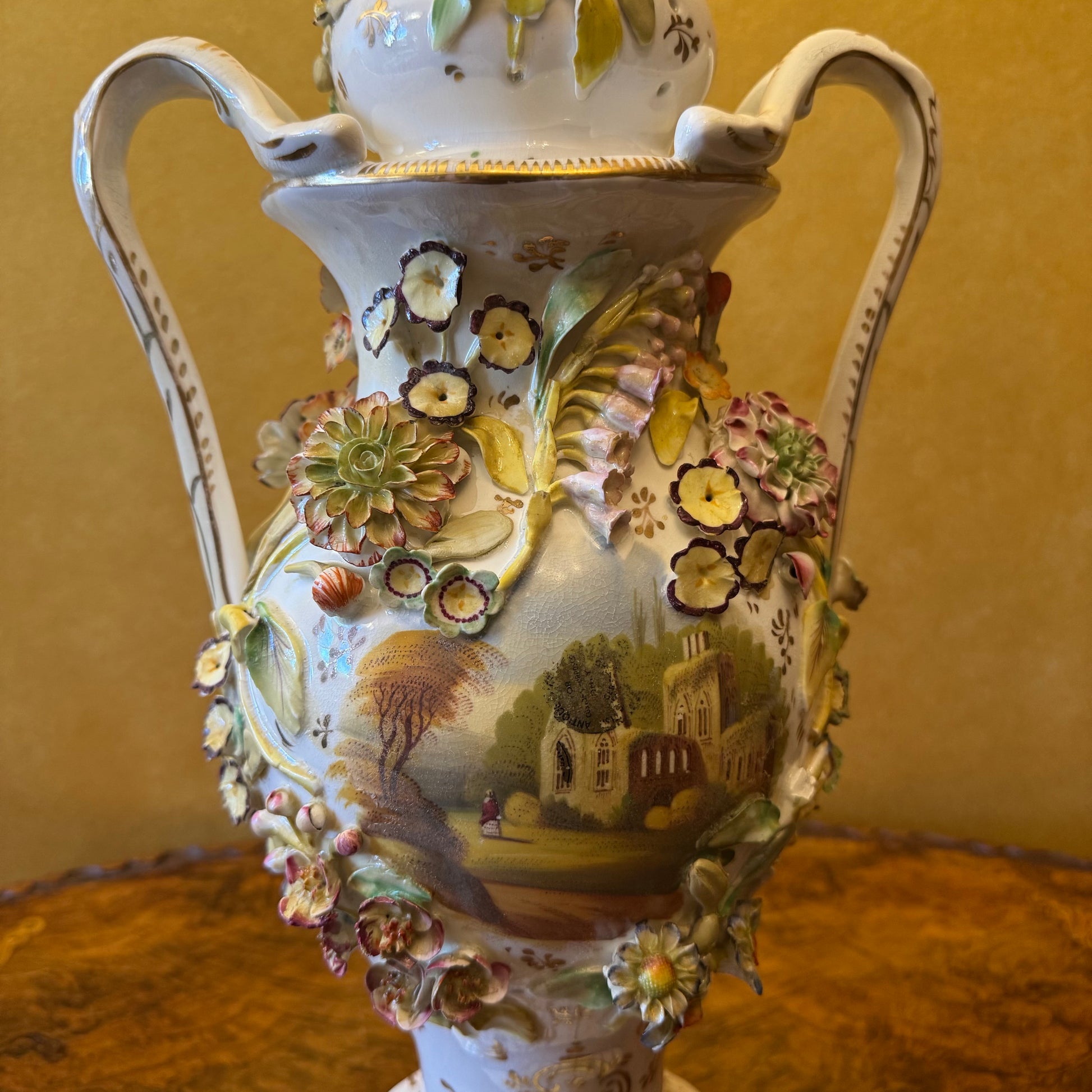 Applied Flowers Hand-Painted Scene Twin Handles Vase Lid