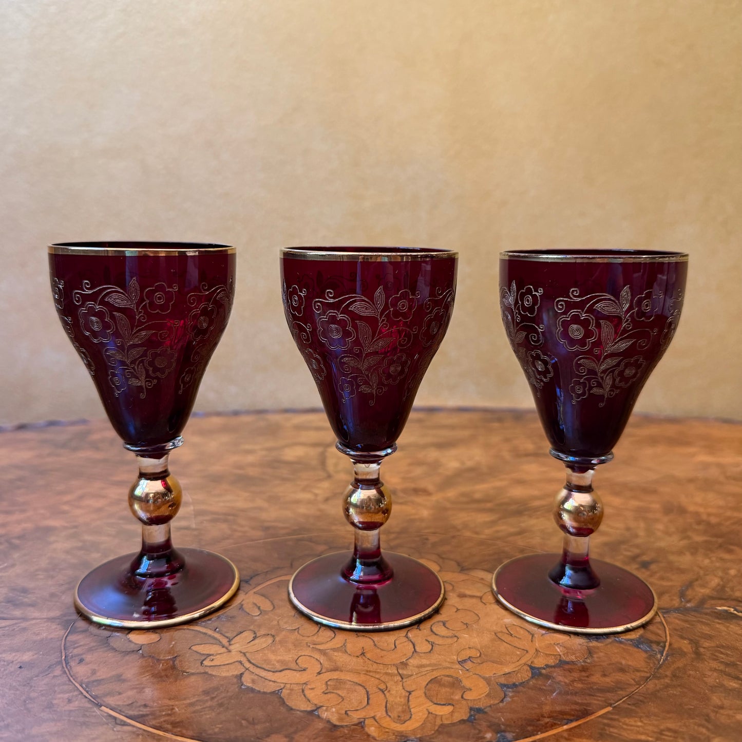 Art Deco Ruby Red Glass Gold Etched Three Glasses