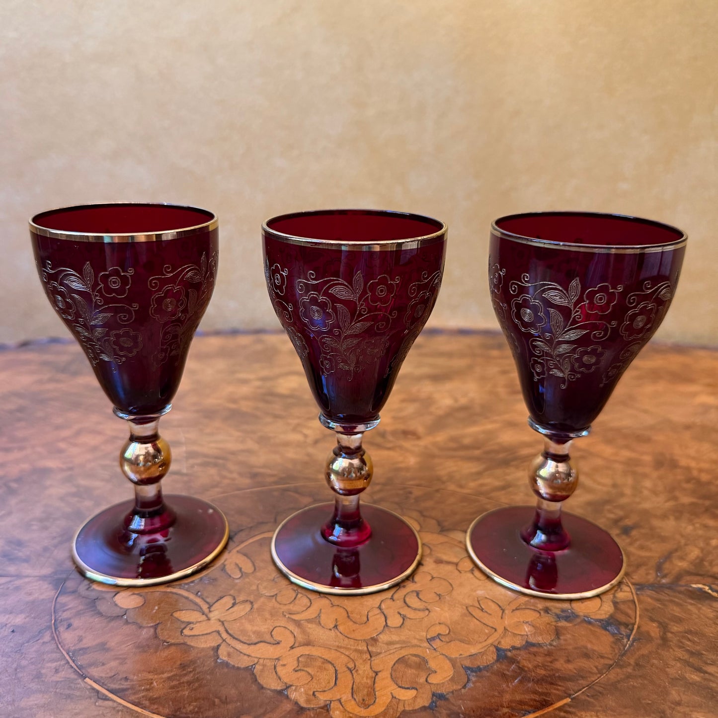 Art Deco Ruby Red Glass Gold Etched Three Liqueur Glasses