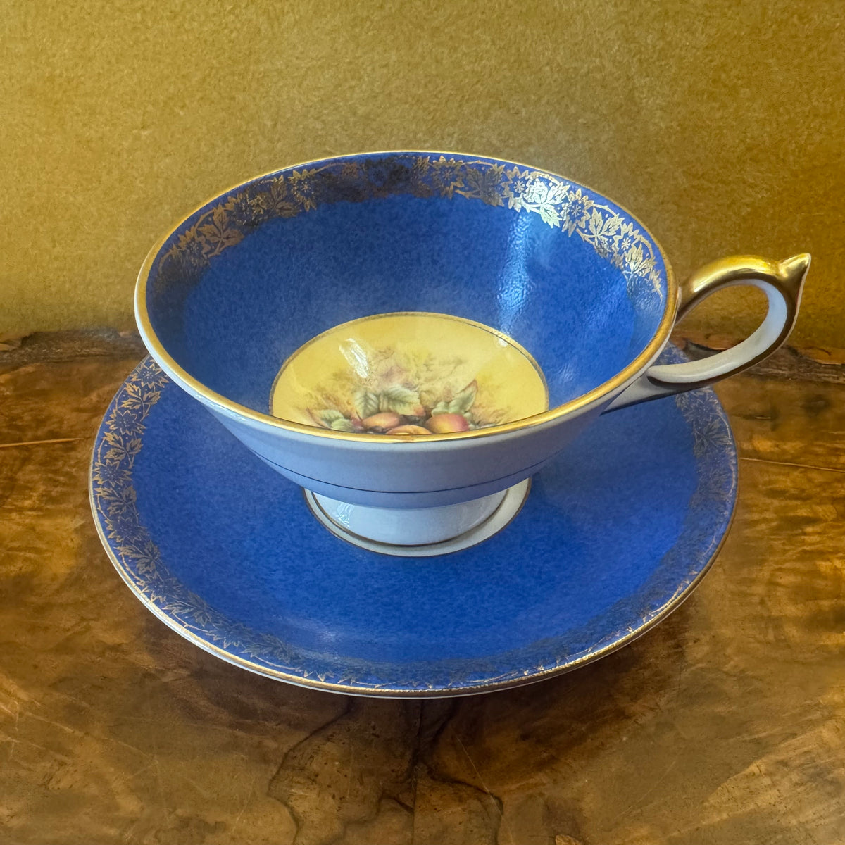 Aynsley Orchard Gold Blue Fruit Print Tea Cup & Saucer 