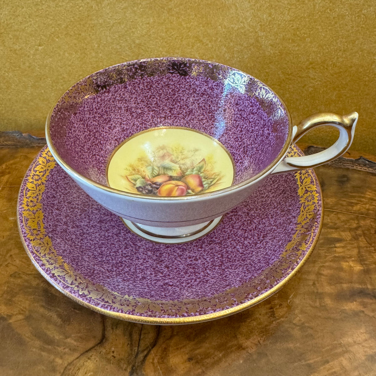 Aynsley Orchard Gold Purple Fruit Print Tea Cup & Saucer 
