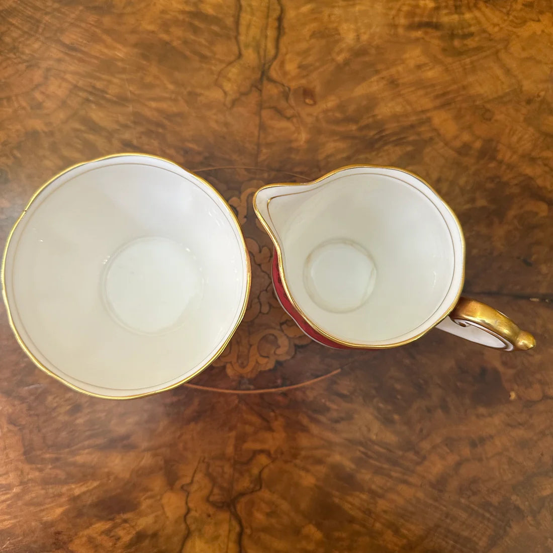 Vintage Bell China Red & Gold Print Milk Jug & Sugar Bowl Set