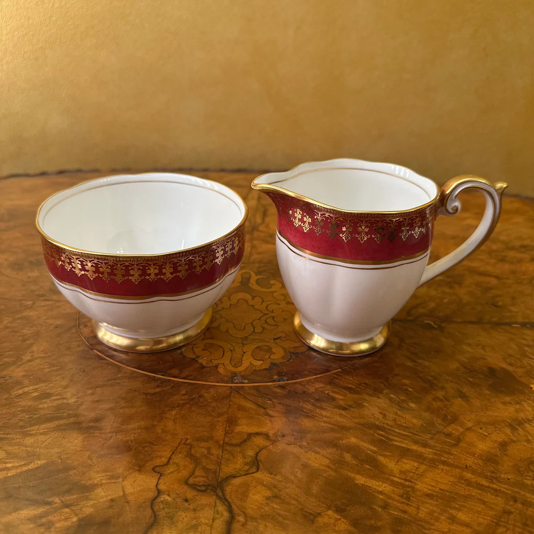 Vintage Bell China Red & Gold Print Milk Jug & Sugar Bowl Set