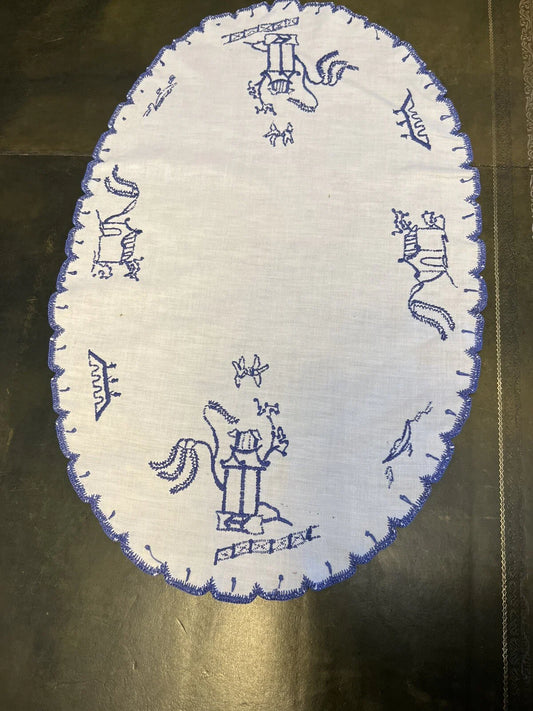 Blue Cotton Oval Embroidery Doily