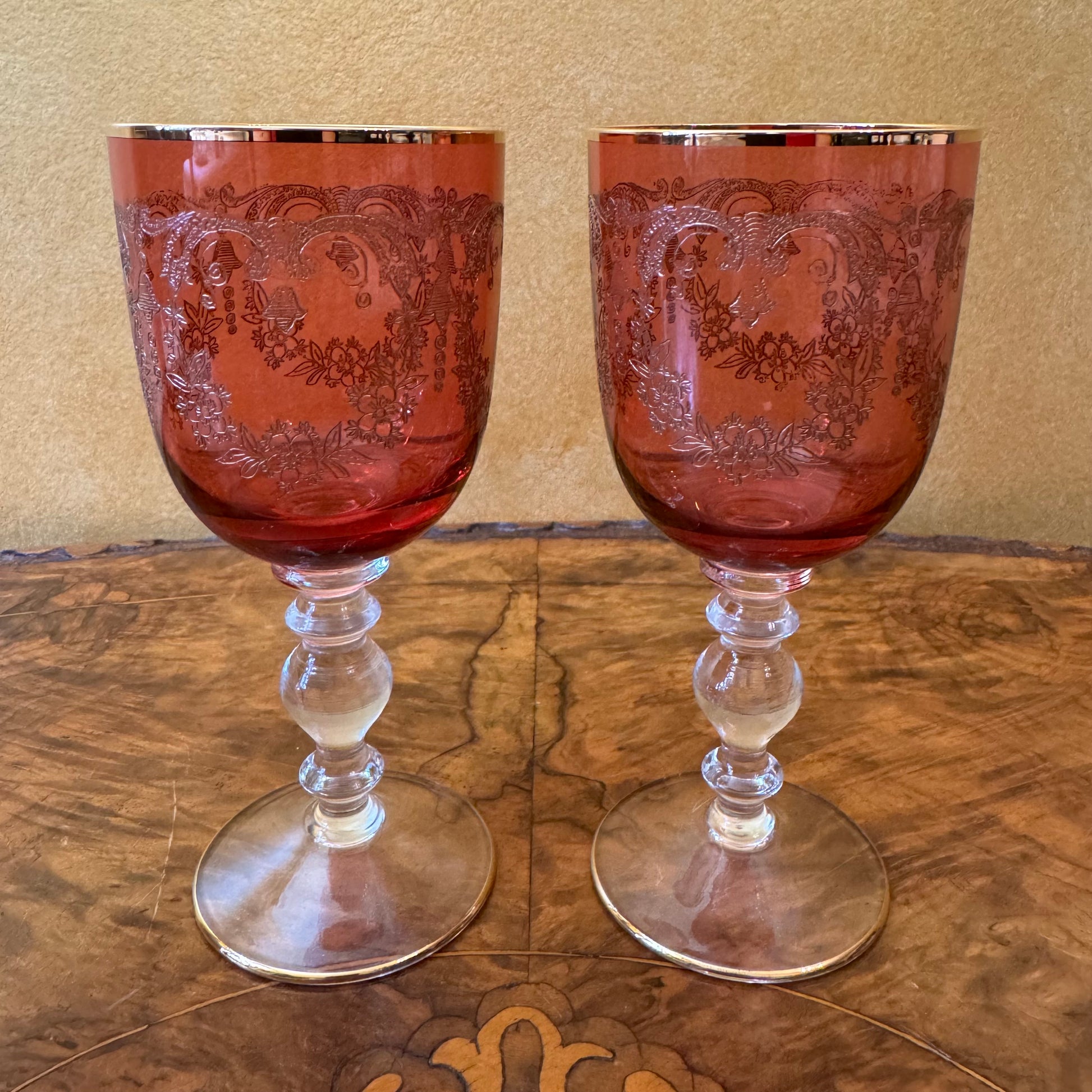 Bohemia Cranberry Glass Goblets Pair 