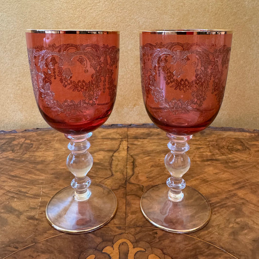 Bohemia Cranberry Glass Goblets Pair 