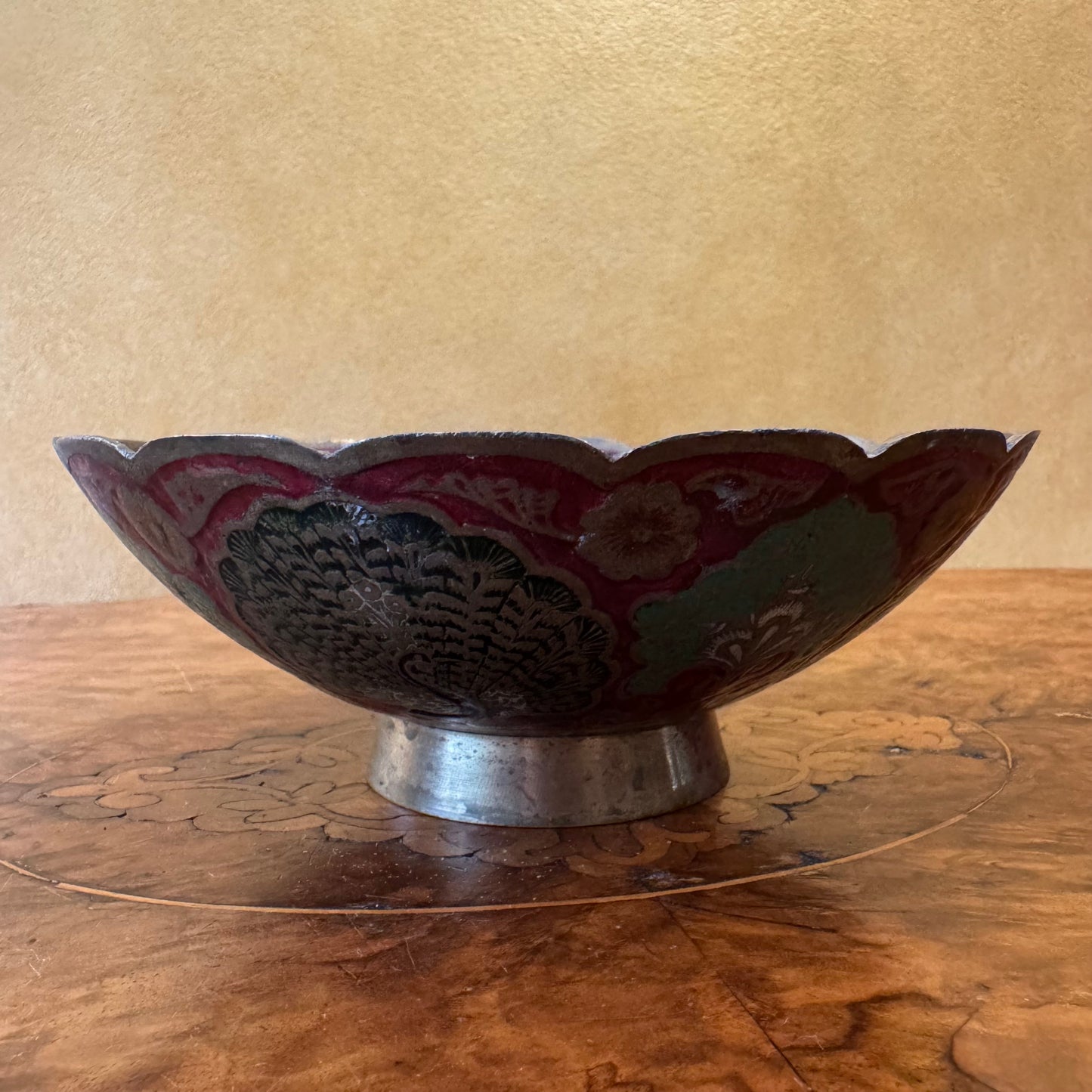 Brass Cloisonne Peacock Bowl 