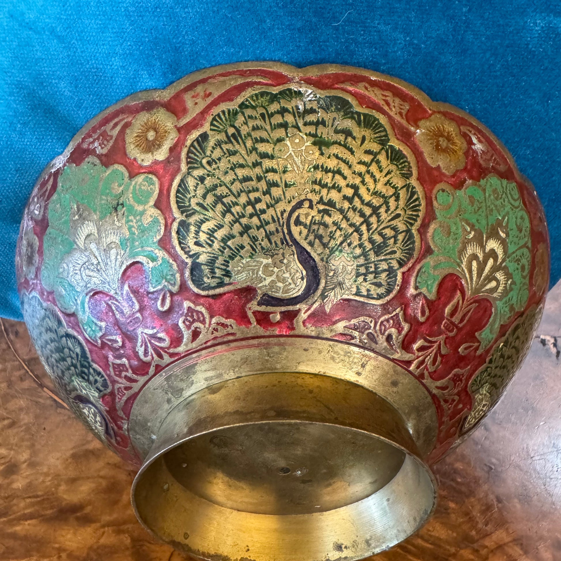 Brass Cloisonne Peacock Bowl Vintage 