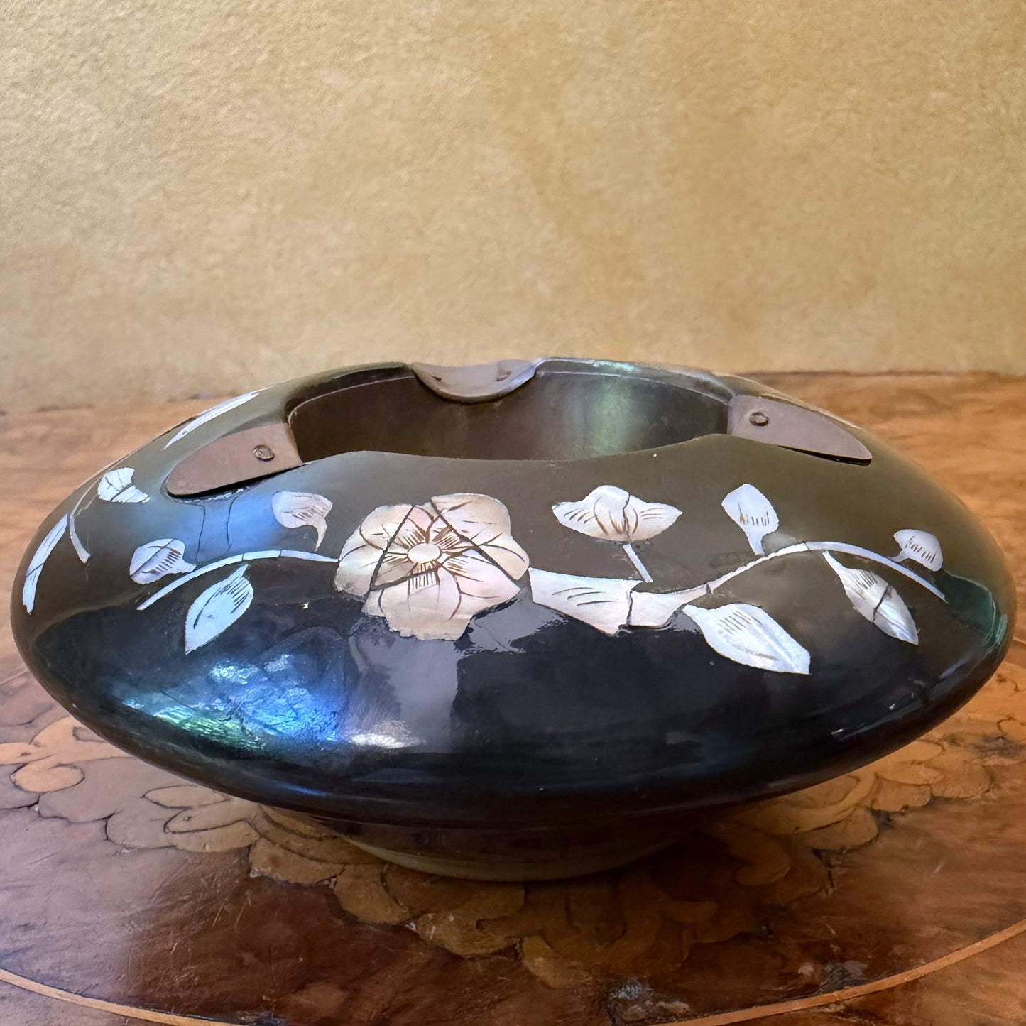 Brass Inlayed Mother of Pearl Shell Black Lacquer 
