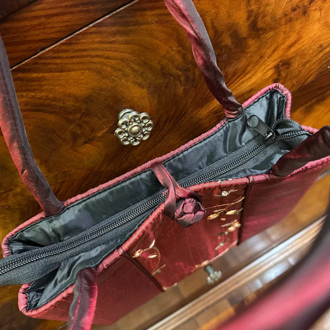 Vintage Burgundy Floral Ladies Hand Bag