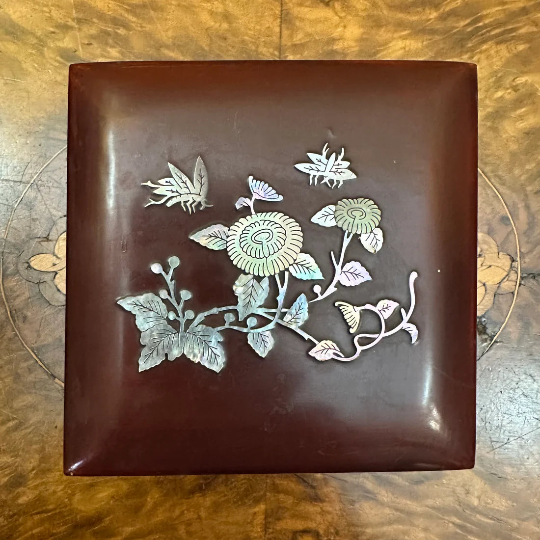 Vintage Butterfly Floral Mother Of Pearl Inlay Wooden Box