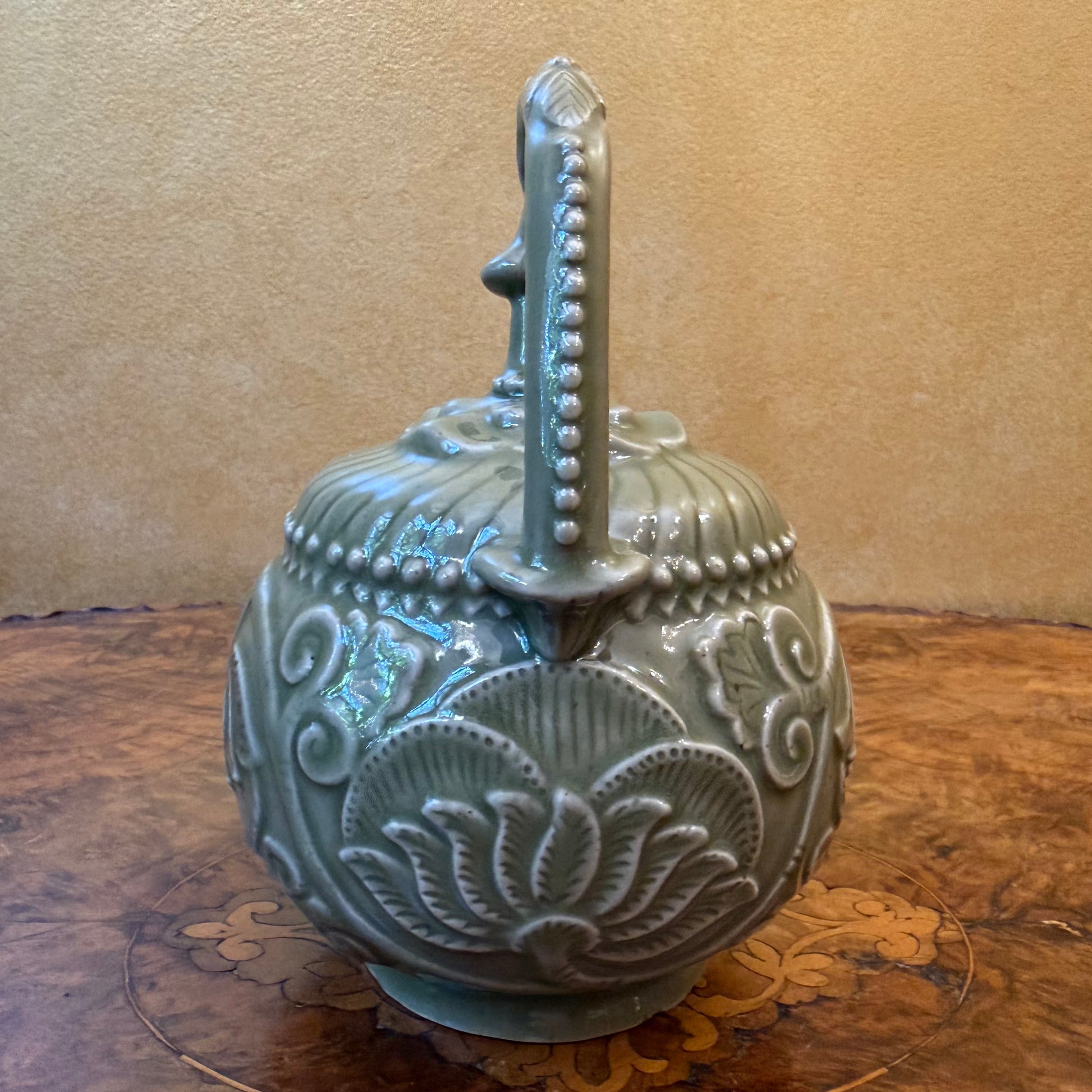 Celadon Porcelain Yaozhou Reverse Flow Teapot with Lion Foo Vintage 