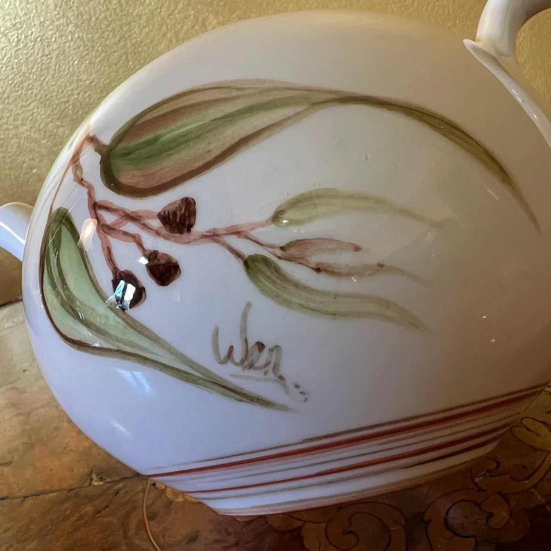 Vintage Ceramic Gum Leaves Print Teapot
