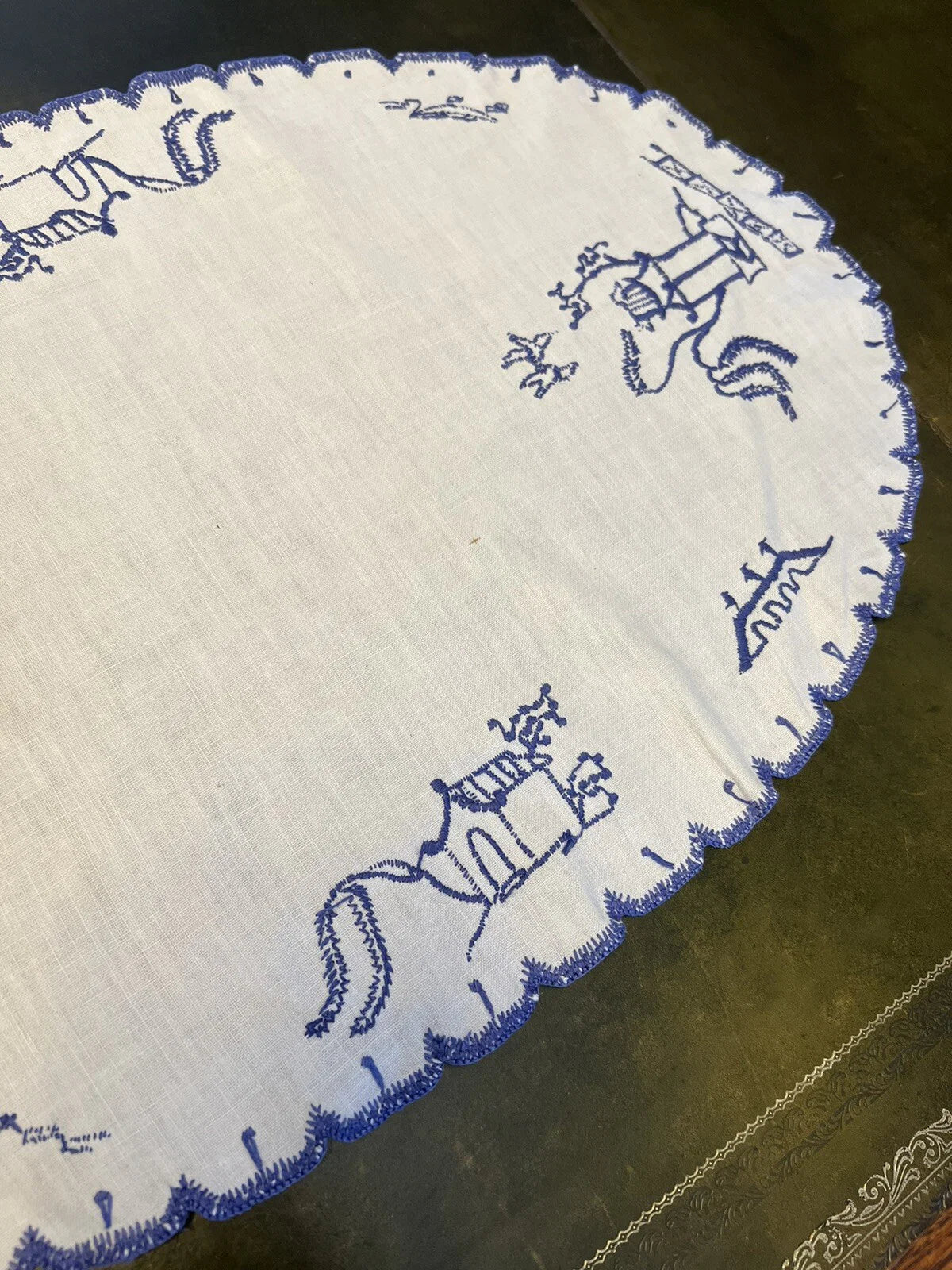 Blue Cotton Oval Embroidery Doily