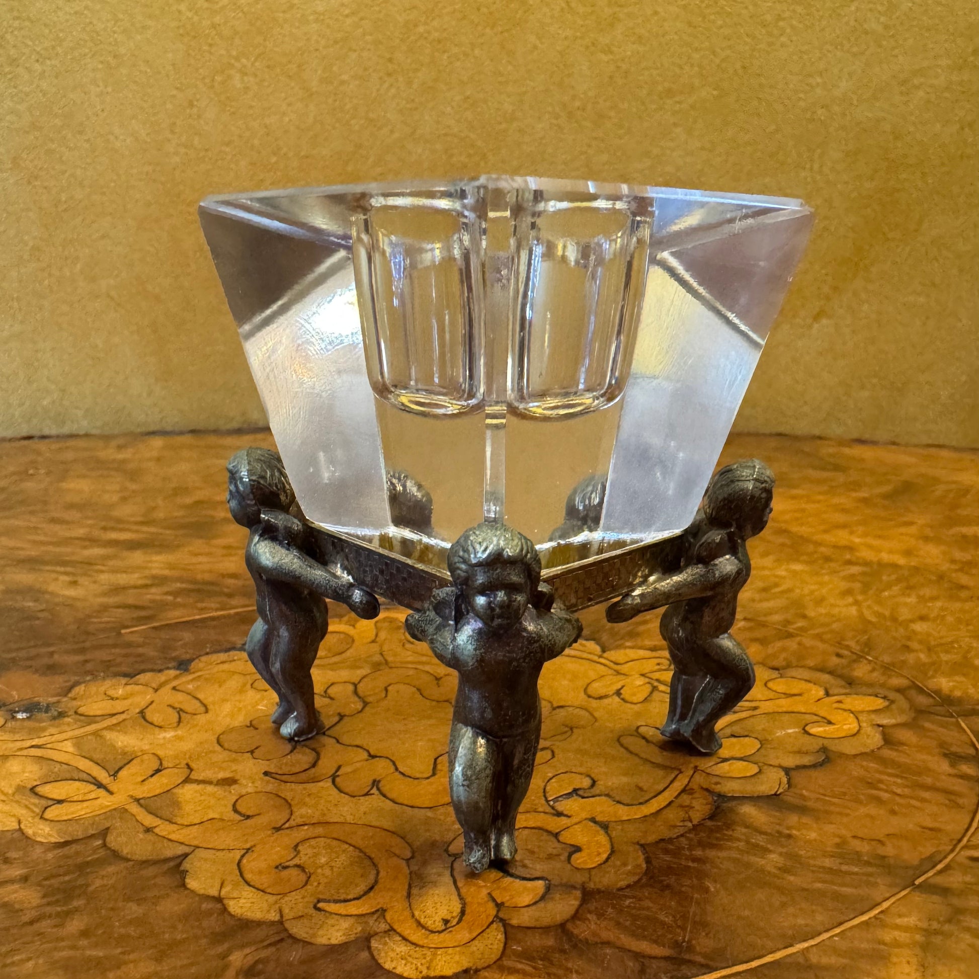 Crystal Candle Holder with Cherub Metal Base Pair 