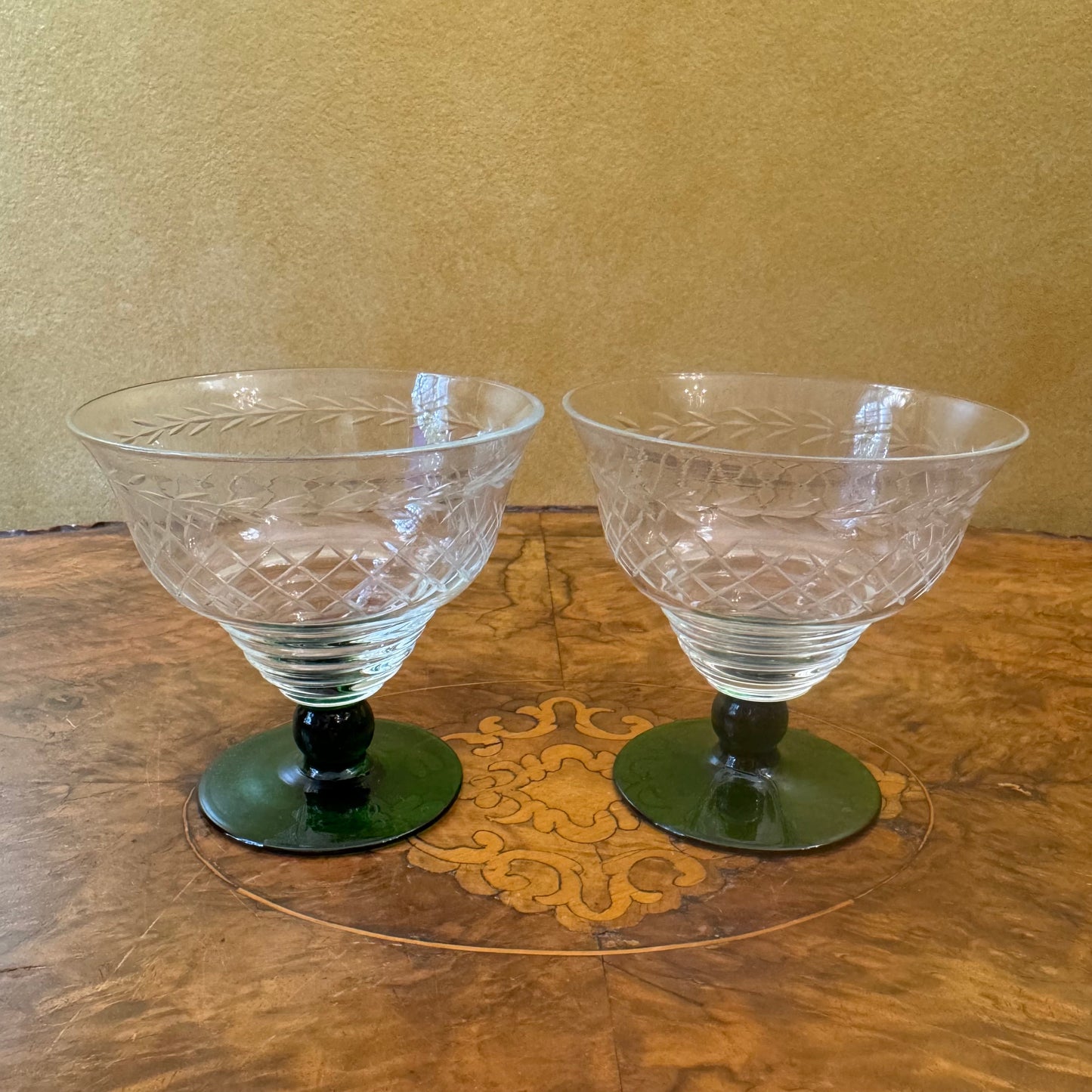 Crystal Green Stem Desserts Bowls Pair 
