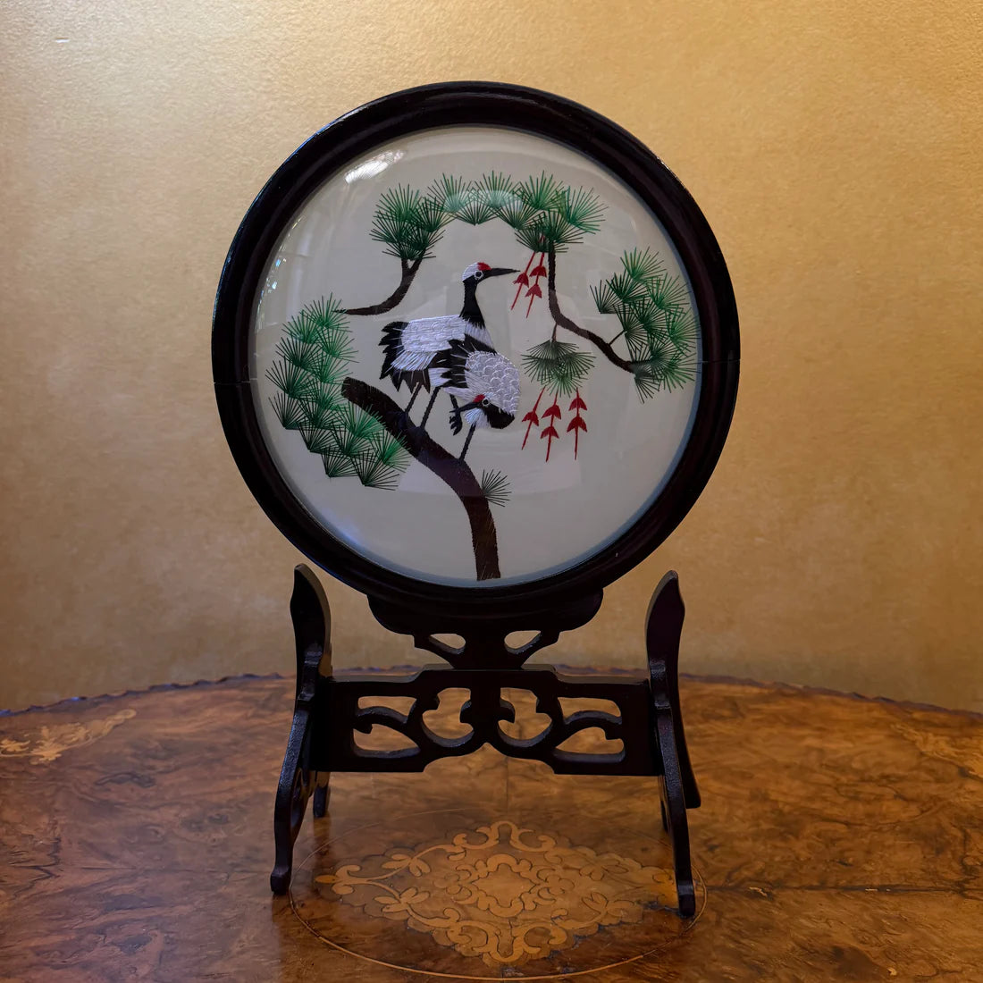 Vintage Embroidered Bird Wooden Frame Stand