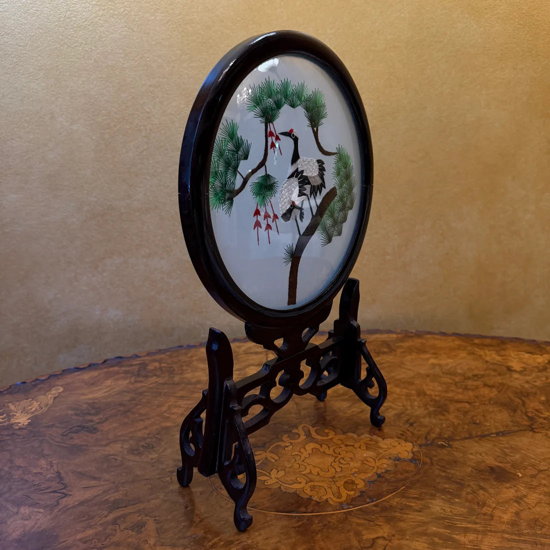 Vintage Embroidered Bird Wooden Frame Stand