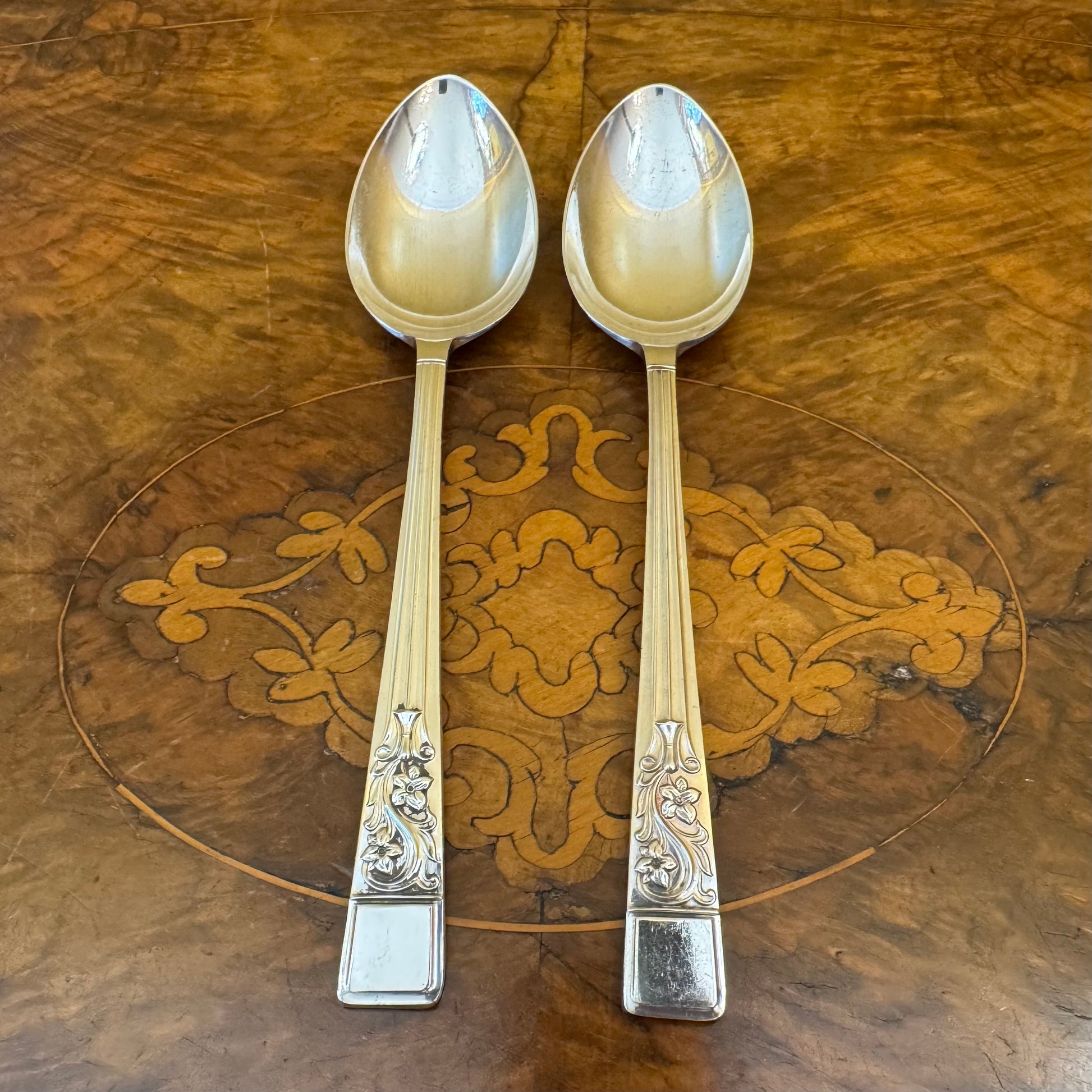 English Sheffield Springtime Silver Plate Serving Spoons