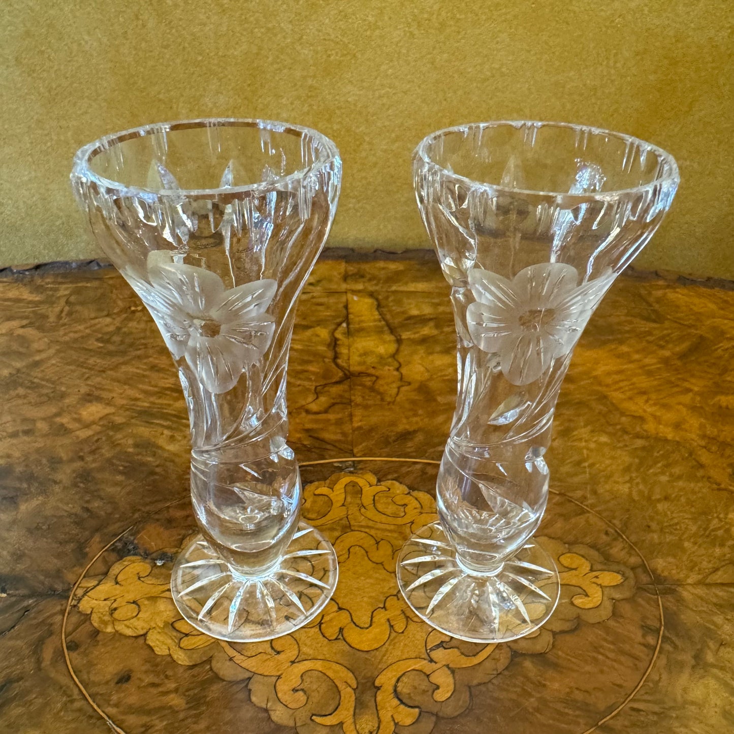 Etched Floral Cut Bud Vase Pair 