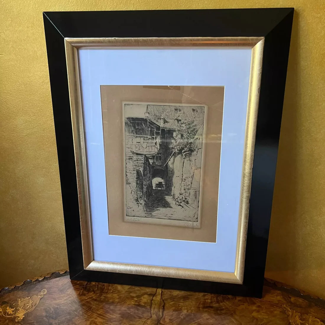 Vintage Etching Of Old Buildings Hanging Art