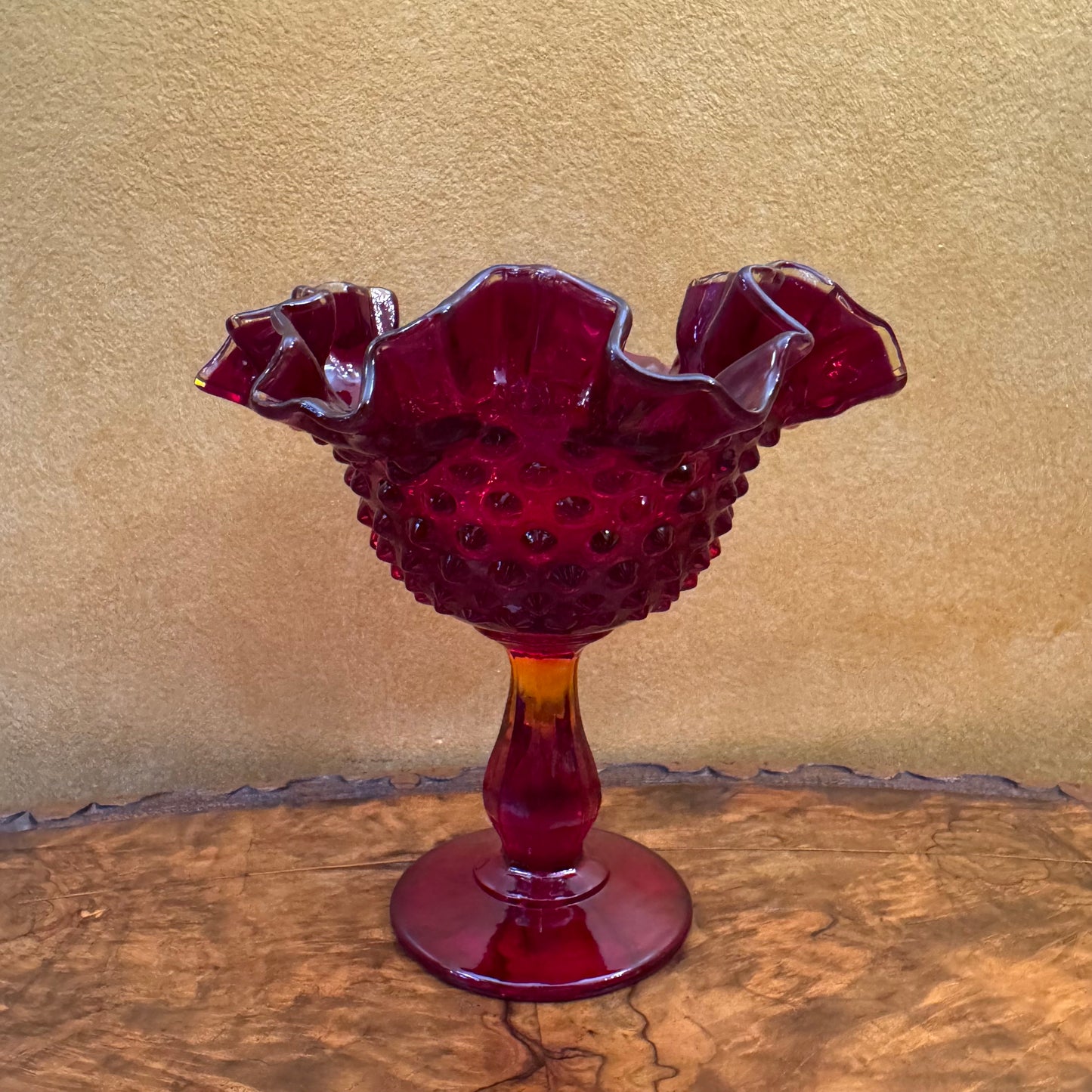 Fenton Ruby Red Hobnail Ruffle Rim Footed Comport Glass