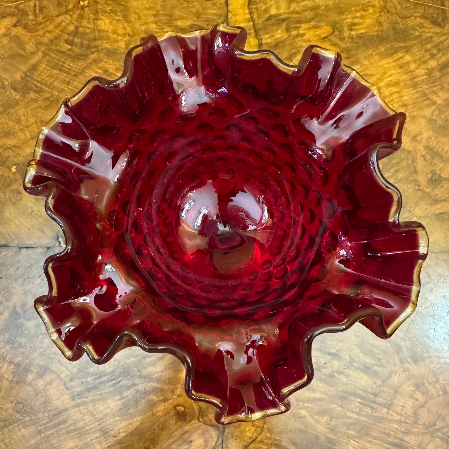 Fenton Ruby Red Hobnail Ruffle Rim Footed Glass