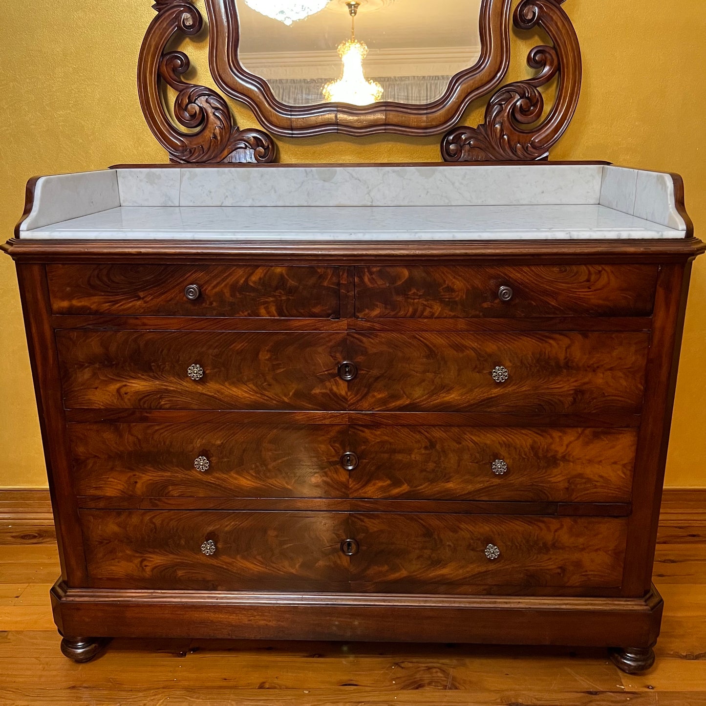 Flame Mahogany Marble Top Dresser