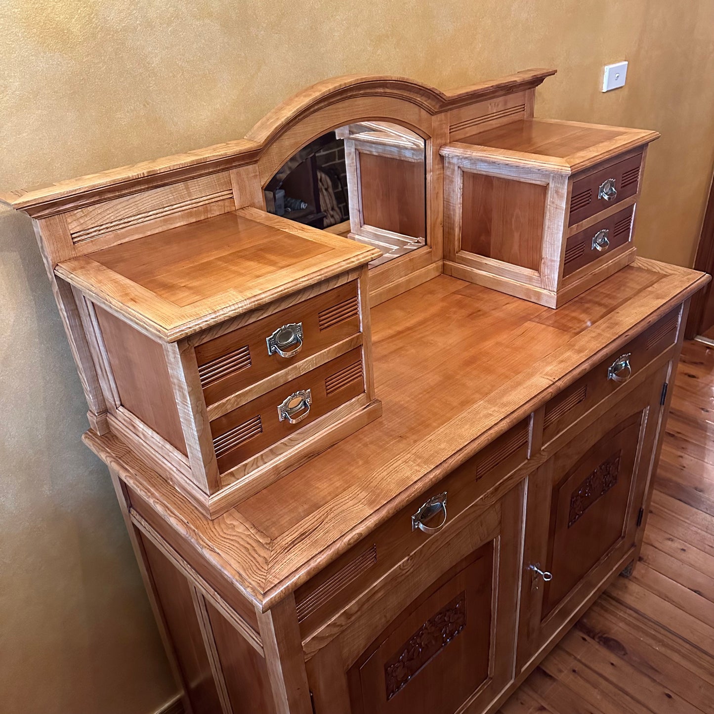 French Elm Mirror Drawers Sideboard 