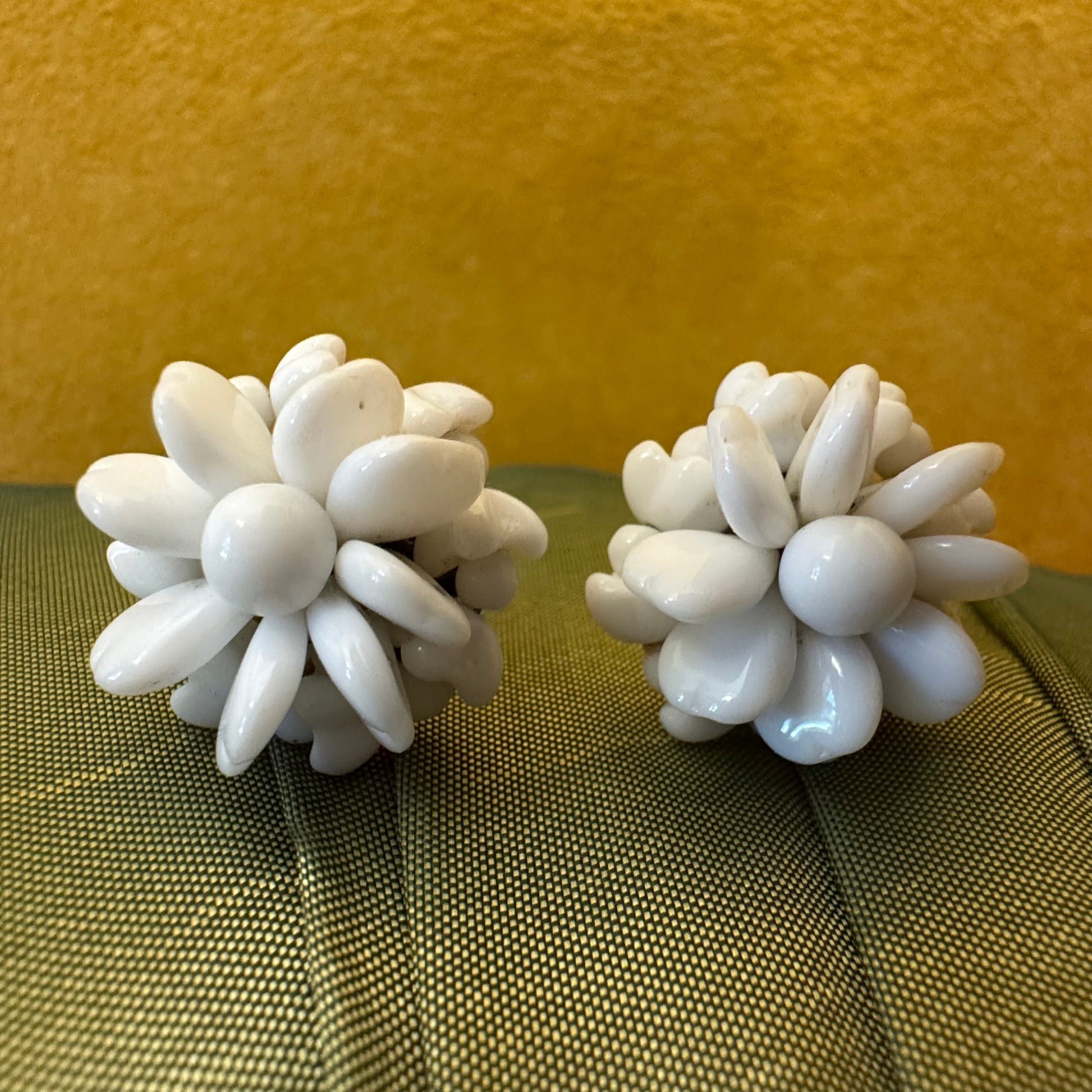 Germany Milk Glass Bead Cluster Flower Screw Back Earrings