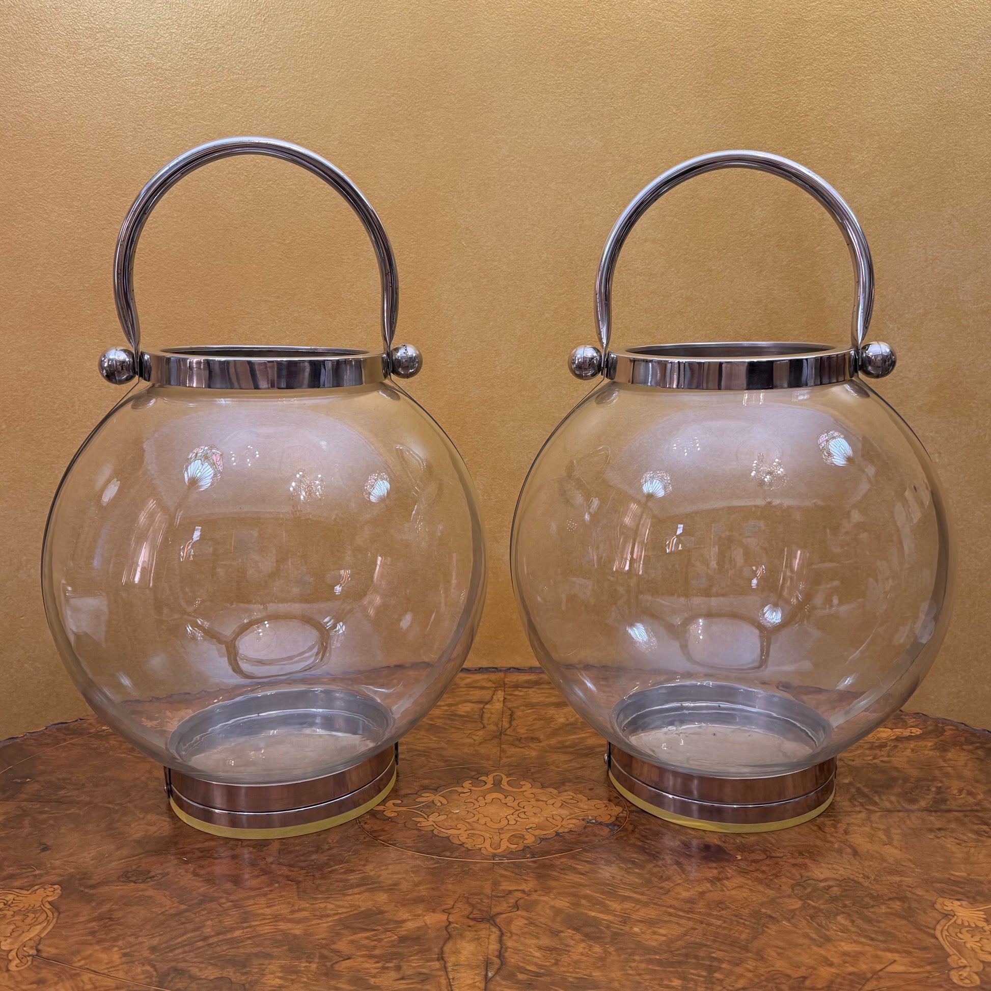 Glass Lantern with Stainless Steel Handle Pair 