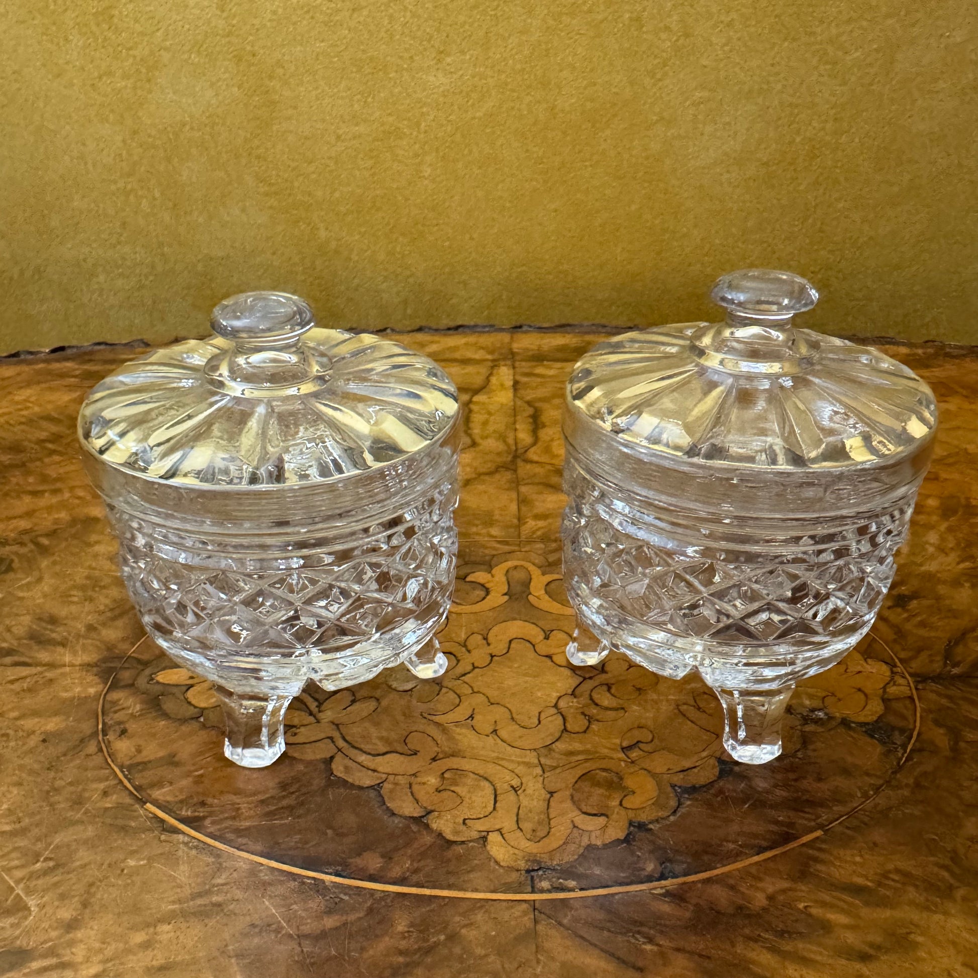 Vintage Glass Small Bowls With Lids Pair 