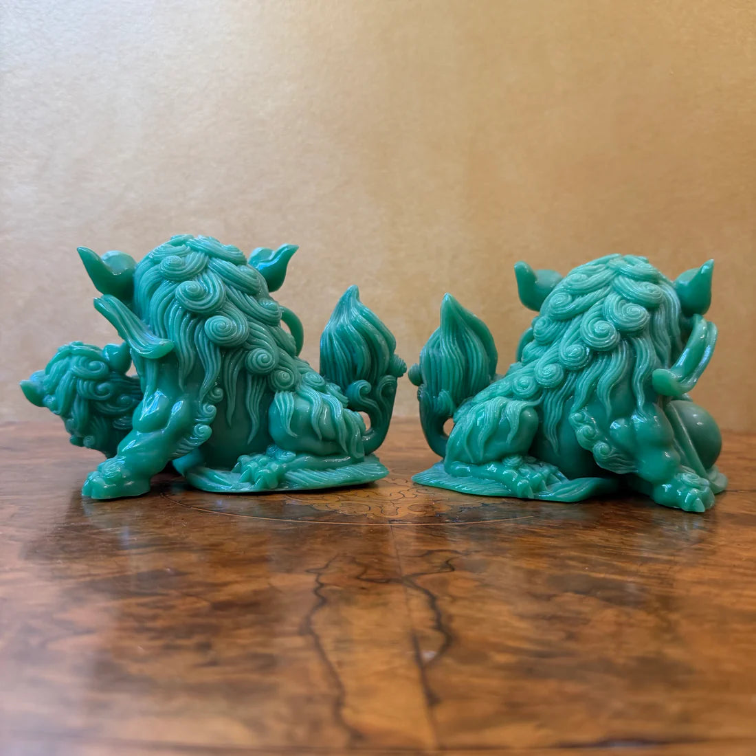 Vintage Green Resin Guardian Foo Dogs Statues Pair