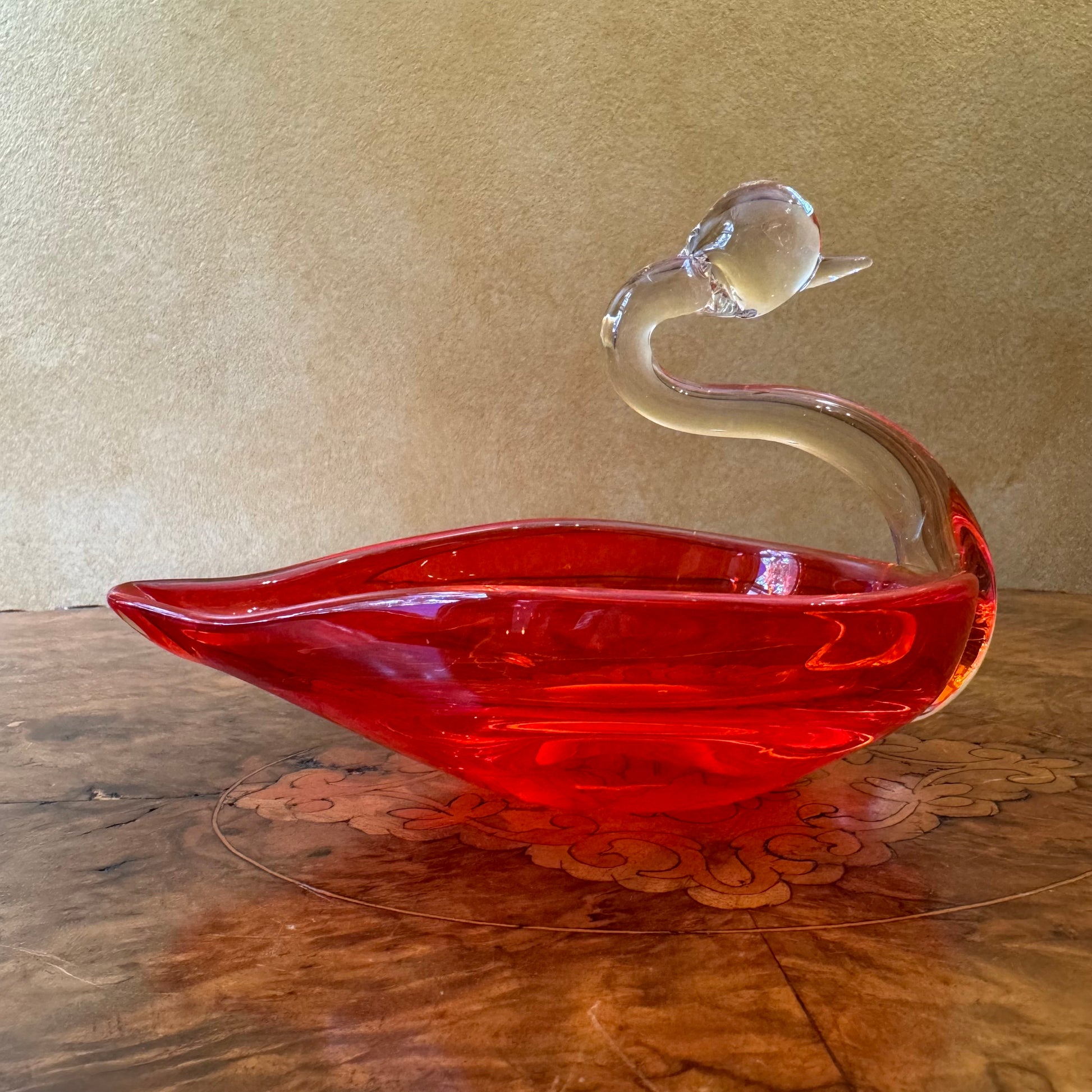 Hand Blown Glass Red Swan Bowl 