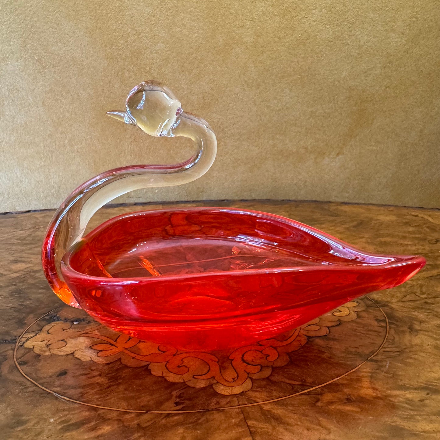 Hand Blown Glass Red Swan Bowl 