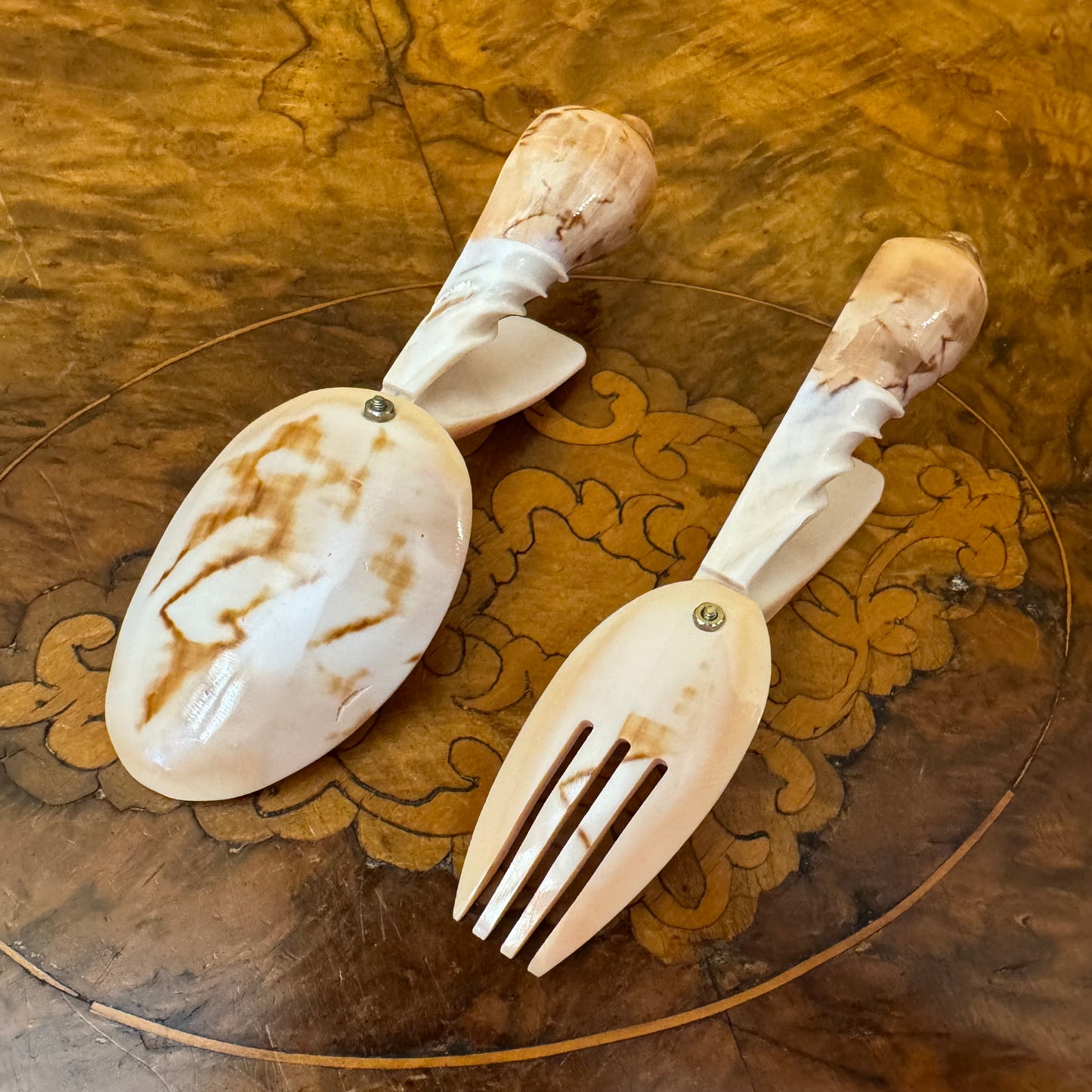 Hand Carved Conch Sea Shell Spoon & Fork 