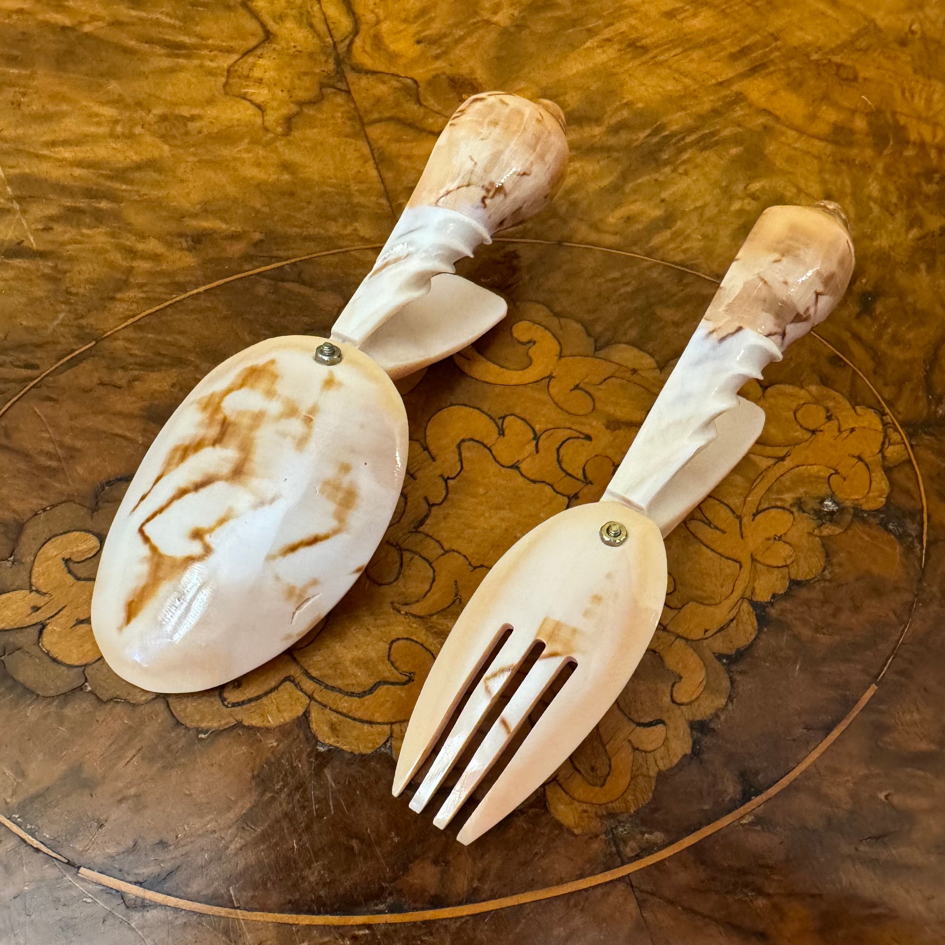 Hand Carved Conch Sea Shell Spoon & Fork 