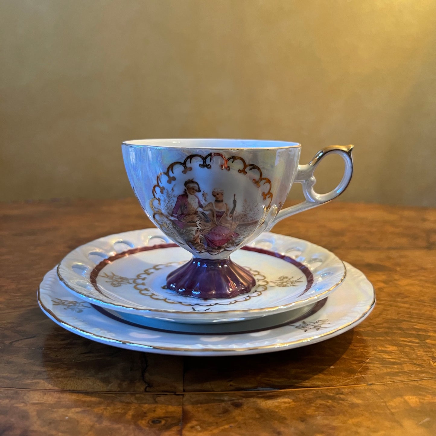 Vintage Japanese Lustreware Courting Print Tea Cup Trio Set