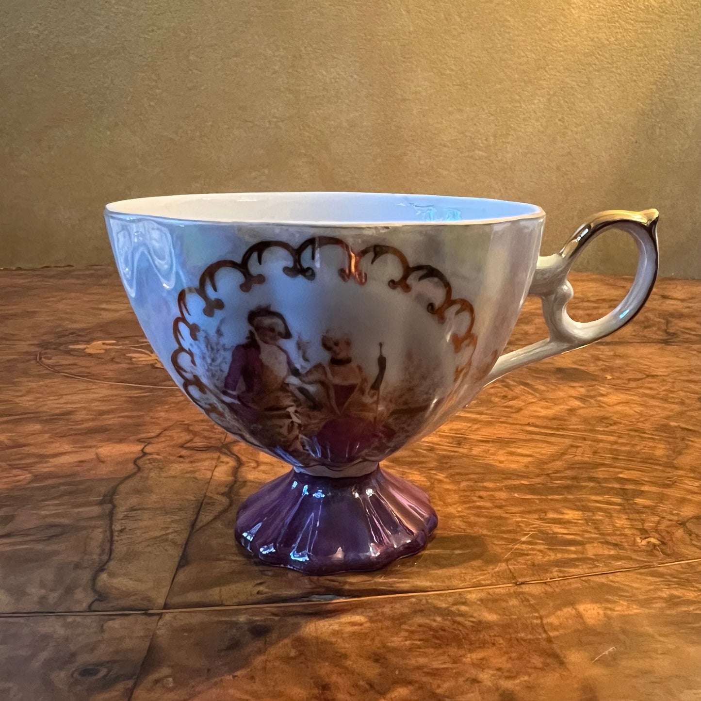 Vintage Japanese Lustreware Courting Print Tea Cup Trio Set