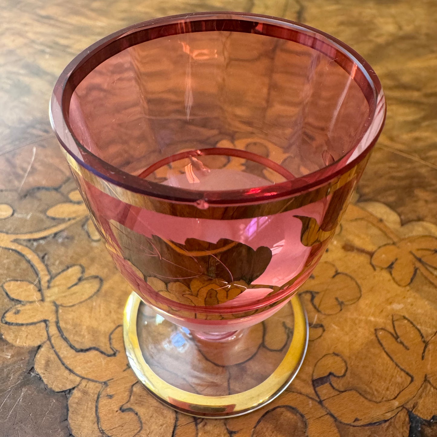 Vintage Pink Glass Gold Floral Shot Glasses Set Of Six
