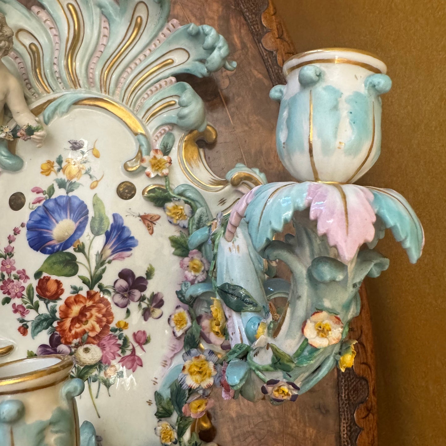 Antique 19th Century Meissen Porcelain Wall Candelabra Scones Pair