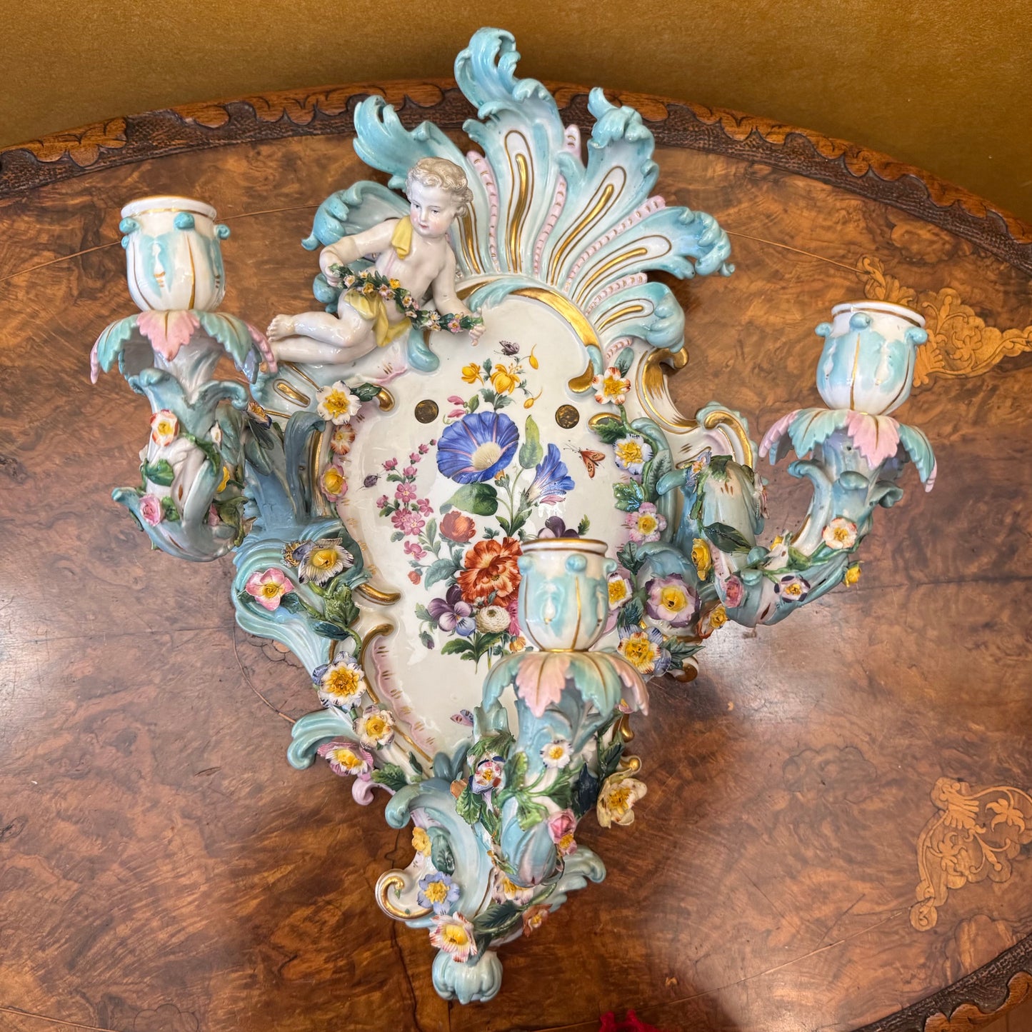 Antique 19th Century Meissen Porcelain Wall Candelabra Scones Pair
