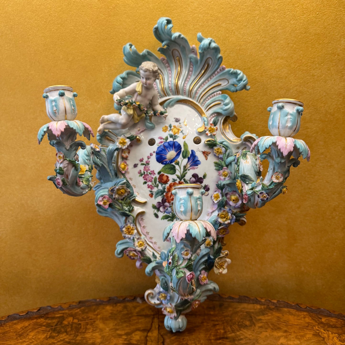 Antique 19th Century Meissen Porcelain Wall Candelabra Scones Pair
