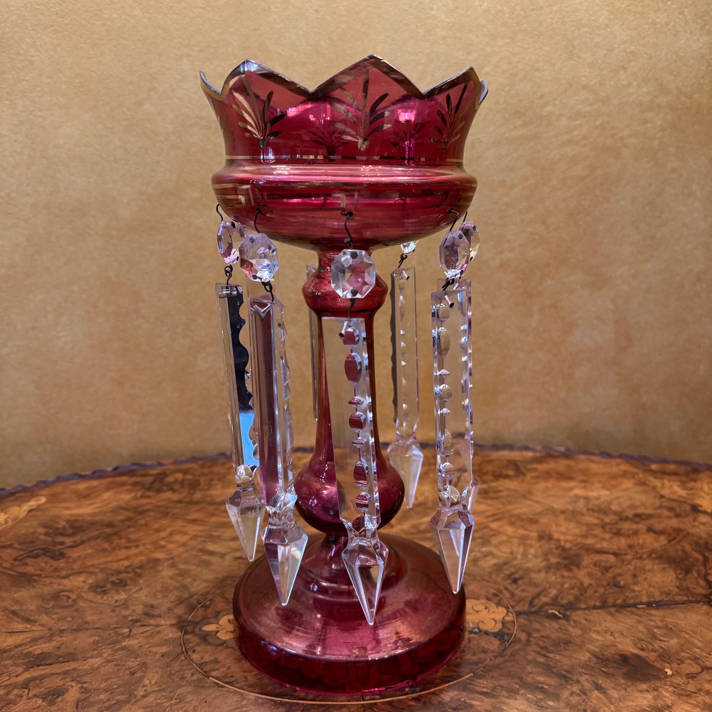 Antique Victorian Cranberry Lustres Mantle Pieces Pair