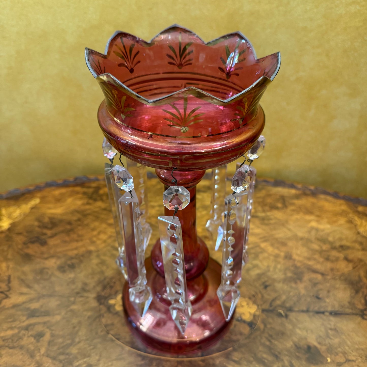Antique Victorian Cranberry Lustres Mantle Pieces Pair