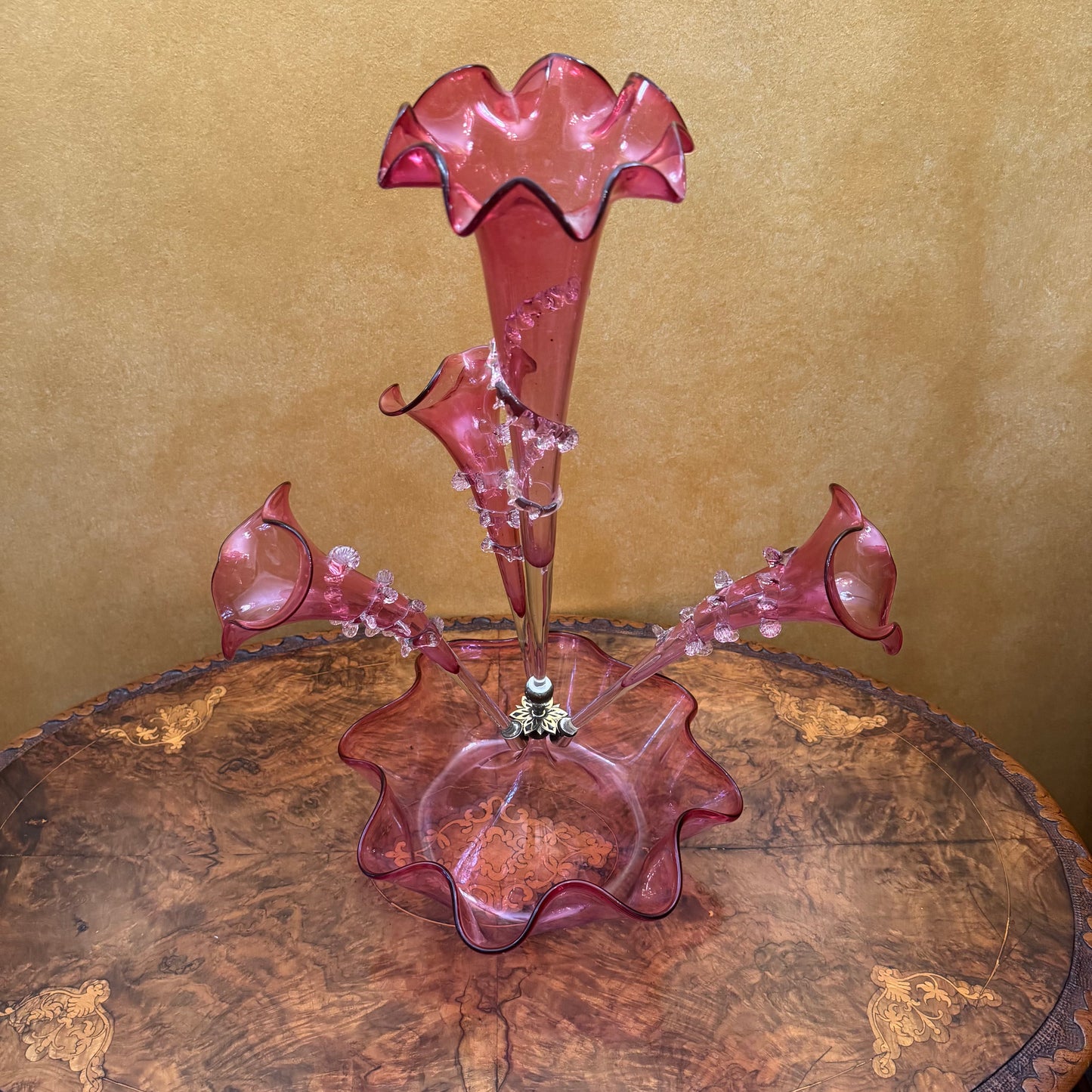 Antique 19th Century Victorian Cranberry Glass Four Vase Epergne