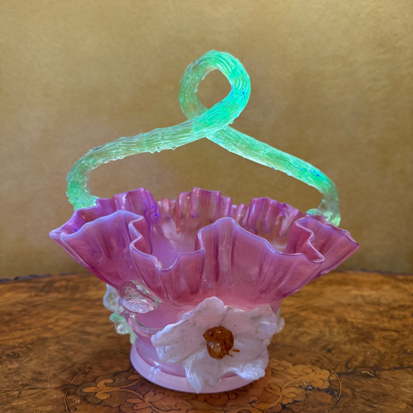 Antique Cranberry Glass Ruffled Basket
