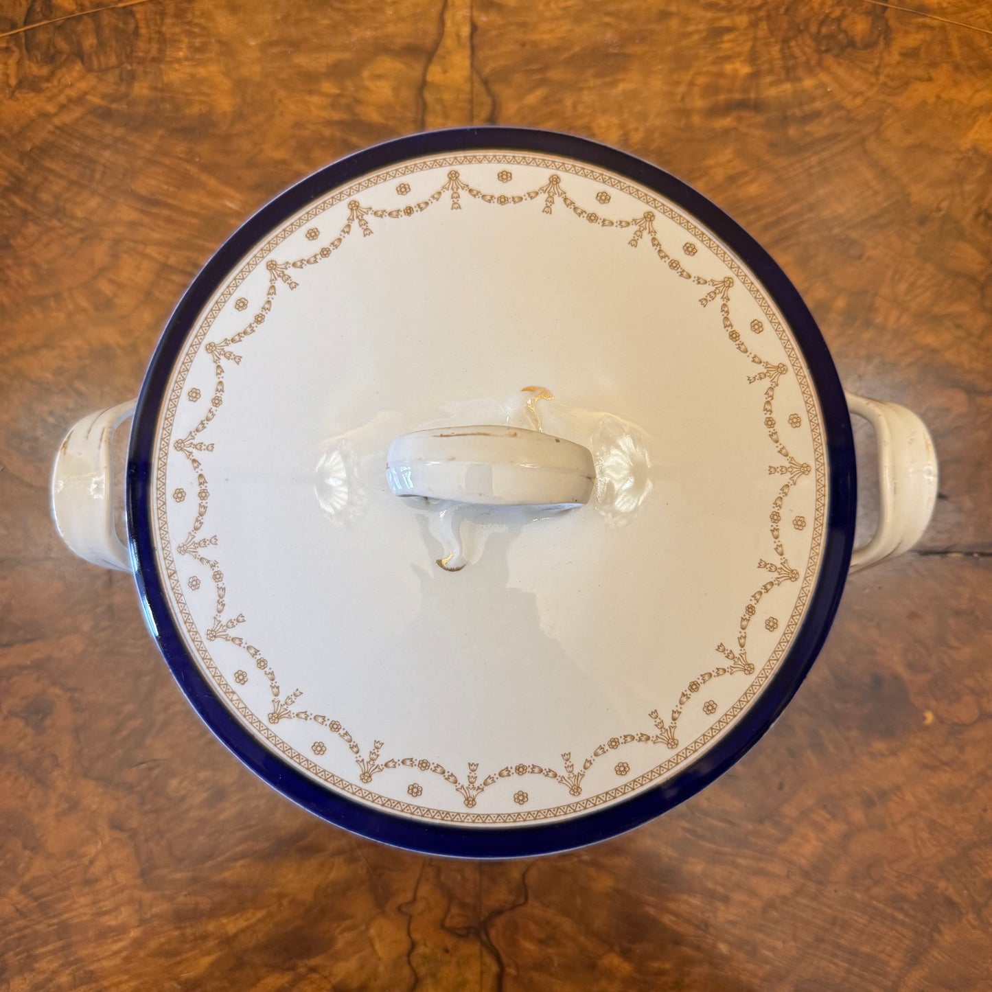 Vintage Alfred Meakin Bleu De Roi Serving Bowl with Handles & Lid