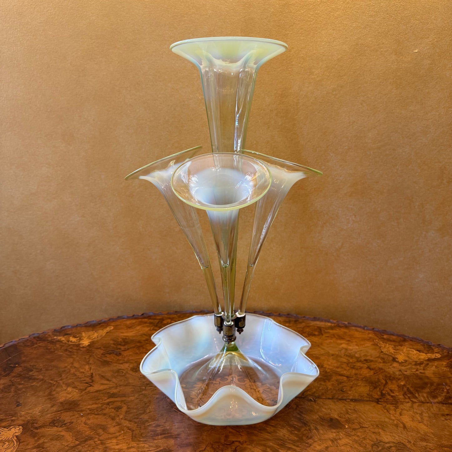 Antique 19th Century Green Uranium Opalescent Art Glass Trumpet Epergne
