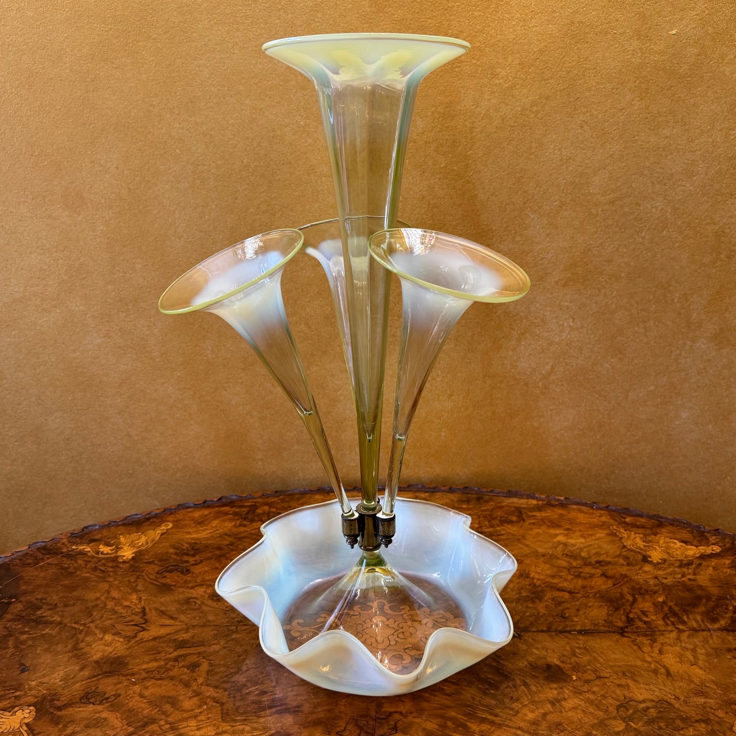 Antique 19th Century Green Uranium Opalescent Art Glass Trumpet Epergne